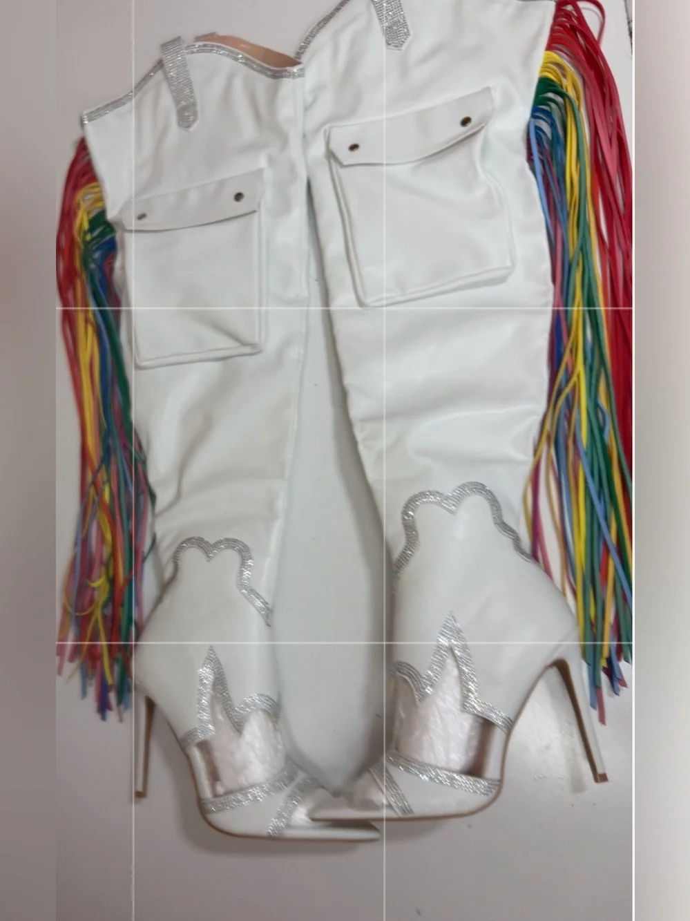 Cape Robbin Lise White Rainbow Fringe Cargo Western Thigh High Boots NWOT 8.5